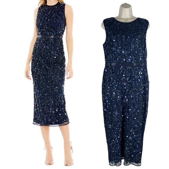 Mac Duggal Sequin Sleeveless Midi Dress 93767 Midnight Blue Size 12 - Picture 1 of 12